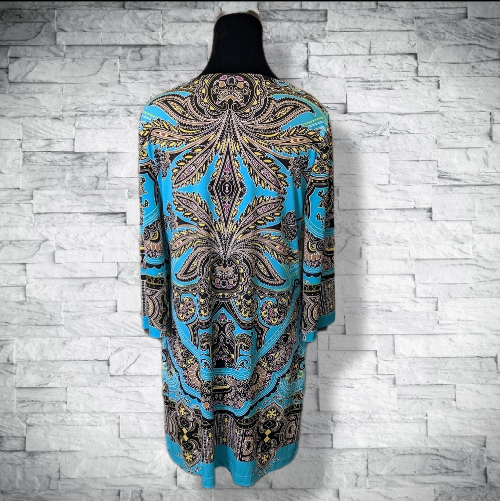 Teal Turquoise Stretch Mini Dress 3/4 Sleeves Boat Neck Flattering Fit D10 - Picture 7 of 11
